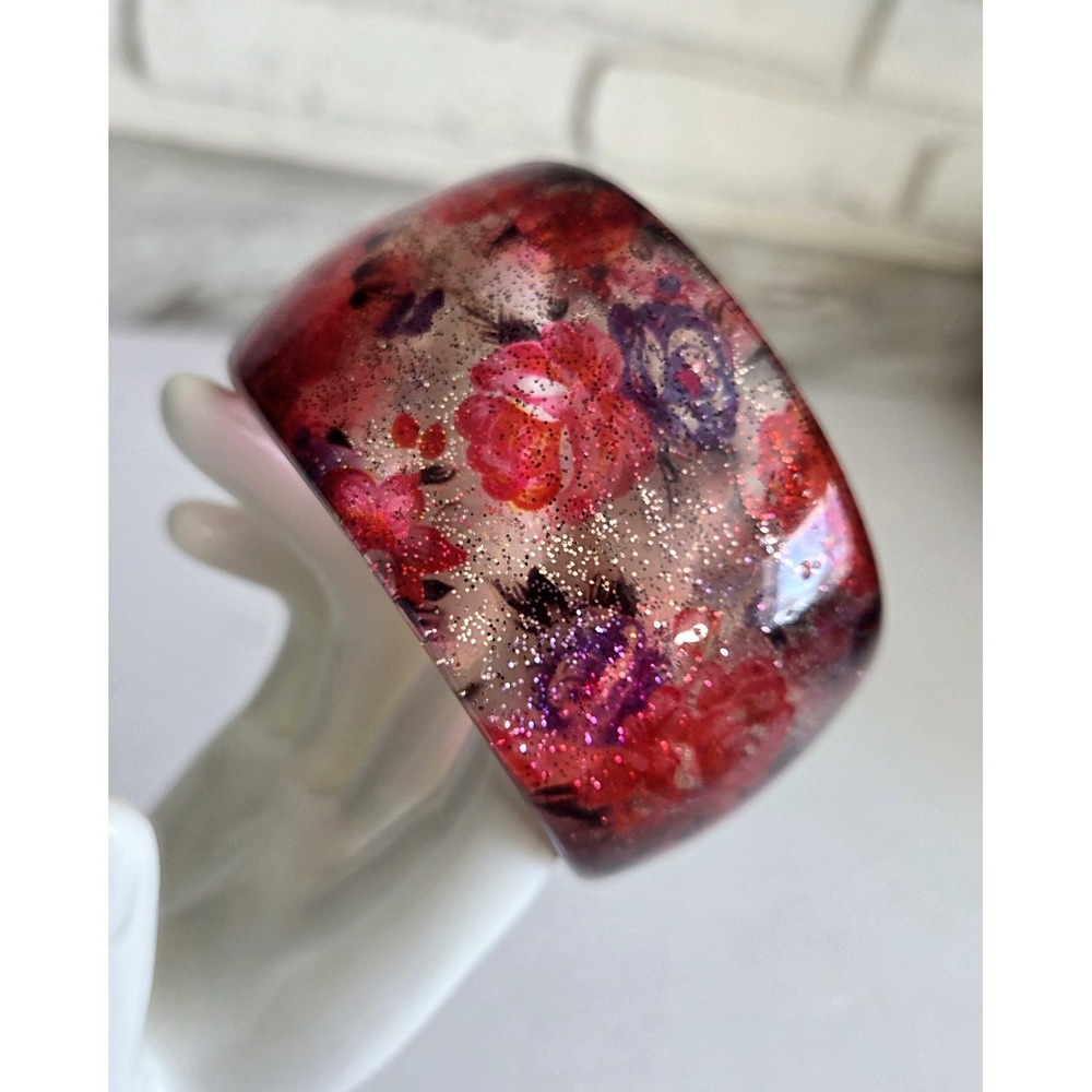 Vintage Chunky Acrylic Bangle Bracelet Encased Fleck Silver Glitter Flower Power